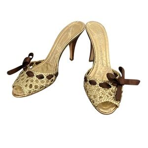 Giuseppe Zanotti Sandals Gold Woven Slide Heels Brown Ribbon Size 35